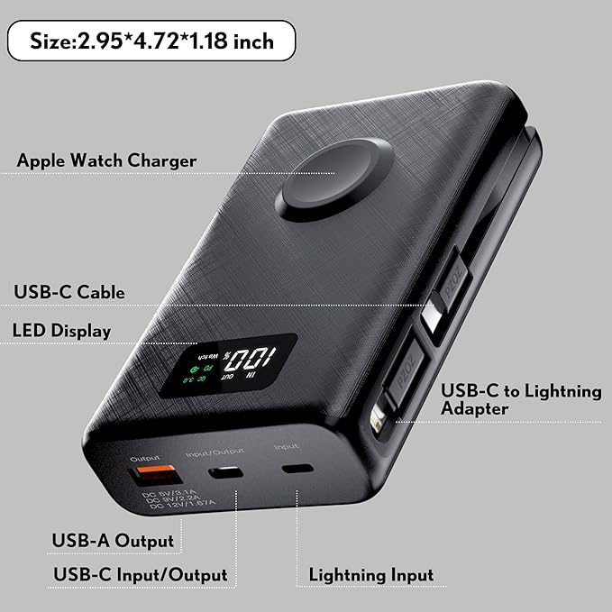 pzoz 20000mAh Portable Power Bank Powerbank Battery Pack with Apple Watch Magnetic Wireless Charger,USB Type C PD Fast Charging Cable Travel High Capacity Compatible iWatch iPhone 17 16 15 (Black)