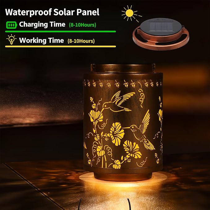 Solar Lanterns Outdoor Waterproof Garden Decor Gifts for Women Mon Grandma Metal Hanging Solar Lights Decoration for Outside LED Lanterns for Yard Patio Lawn Pathway（Hummingbirds）