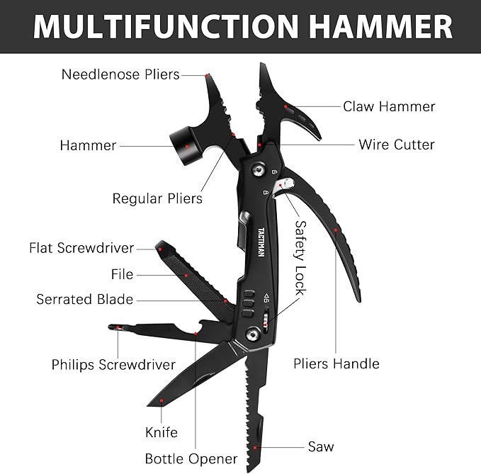 12-in-1 Multitool Hammer with Tactical Knife – Unique Gifts for Men, Dad, Husband – Cool Gadgets for Camping, Hiking, DIY, and Outdoors – Perfect Christmas, Birthday, or Father’s Day Gift