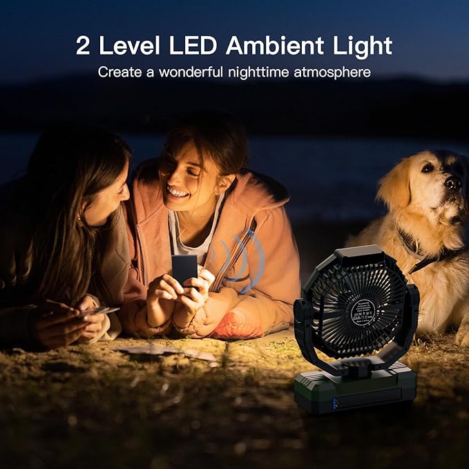 FRIZCOL 3-in-1 Camping Fan - Portable Fans Rechargeable - Large Capacity Battery Powered Fan(70Hrs) with Light & Remote for Indoor, Outdoor, Tent, Travel, BBQ, Fishing, Jobsite - Green