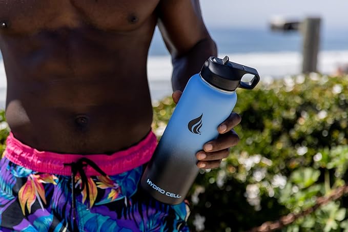 HYDRO CELL Stainless Steel Insulated Water Bottle with Straw - For Cold & Hot Drinks - Metal Vacuum Flask with Screw Cap and Modern Leakproof Sport Thermos for Adults (Blue/Black 40oz)