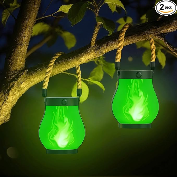 Hompavo Gen2 Solar Lanterns Outdoor Waterproof with Realistic Flickering Flame, Dual Charging (USB/Solar) & 2 Modes - Decorative Hanging/Table Lights for Patio Garden Porch Halloween Decor, 2/Green