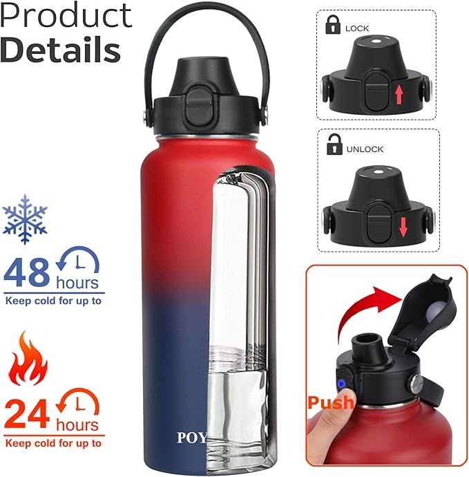 Water Bottle Insulated 32oz 40oz 64oz 128oz Straw Lid Spout Lid & 3 Lids, Leak Proof, Vacuum Insulated,Stainless Steel Water Bottle Wide Mouth for Sports, Gym or Office