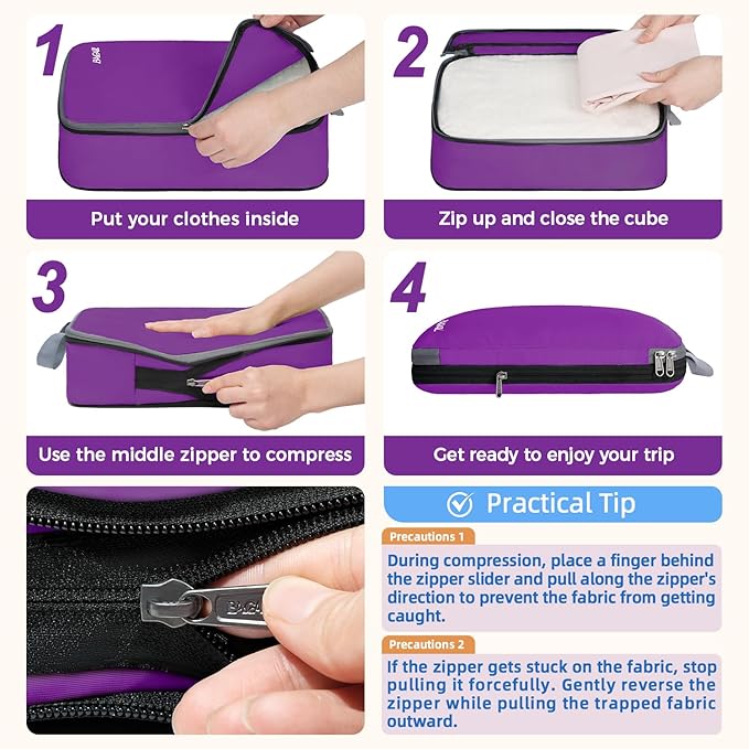 BAGAIL 4 Set/6 Set/8 Set Compression Packing Cubes Travel Accessories Expandable Packing Organizers (Cloth Pattern, 4-Purple)