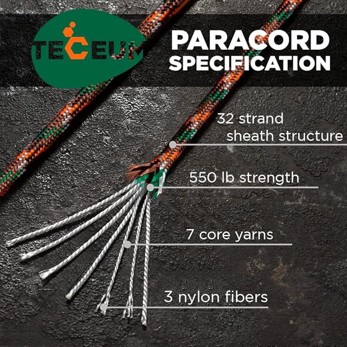 TECEUM 5/32" Paracord Rope 1000 – 1000ft / 200ft / 100ft / 50ft – Tactical Parachute Cord 4mm – 45+ Colors – Nylon String for Survival & Camping Gear – Stripe Cord for Survival – Utility Rope