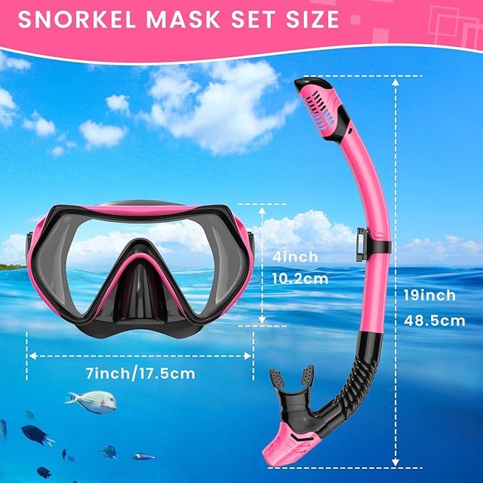 Snorkeling Gear for Adults, Adult Snorkel Mask Set Scuba Diving Dry-Top, Swimming Goggles w/Nose Cover, HD Tempered Glass Panoramic Anti-Leak Anti-Fog, Travel Snorkeling Packages Storage Bag, 2 Pack
