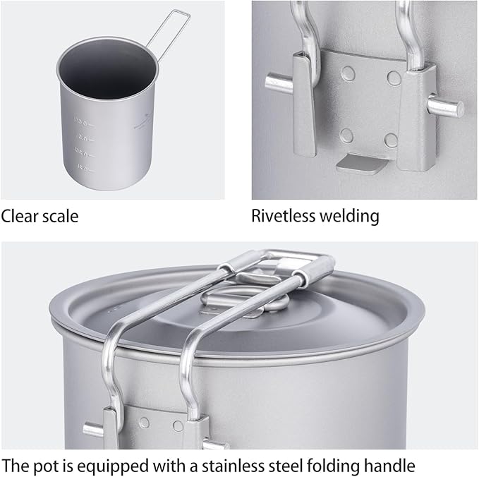 iBasingo 900ml Titanium Camping Cup with Lid Lightweight Portable Camping Pot for Backpacking Hiking Travel Cookware with Stainless Steel Foldable Handle, Ideal for Coffee, Soup, Cooking Ti2040C
