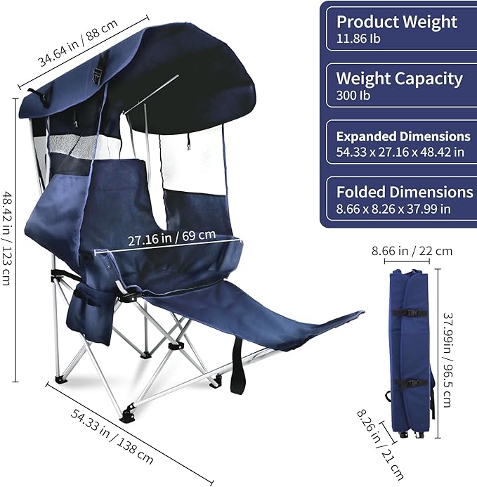 Folding Camping Chairs Canopy Outdoor: Sports Portable Beach Chair with Canopy-Lawn Beach Chairs with Umbrella for Adults-Camping Chair with Shade for Fishing Camp Heavy Duty (Casual, Navy Blue)