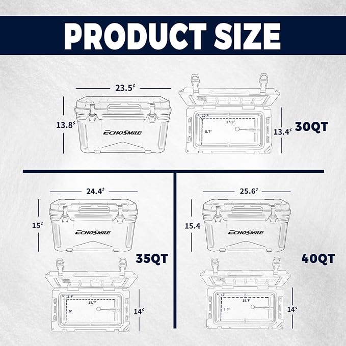 EchoSmile 25/30/35/40/60/75 Quart Rotomolded Cooler, Built to Stand up to The Rigors of The Journey