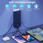 Portable Charger 33800mAh USB C Power Bank with Built-in Cables & AC Wall Plug,25W Fast Charging+QC 4.0 Phone Charger,4 Output LCD Display Battery Pack Compatible with iPhone16/15,Samsung,Android etc
