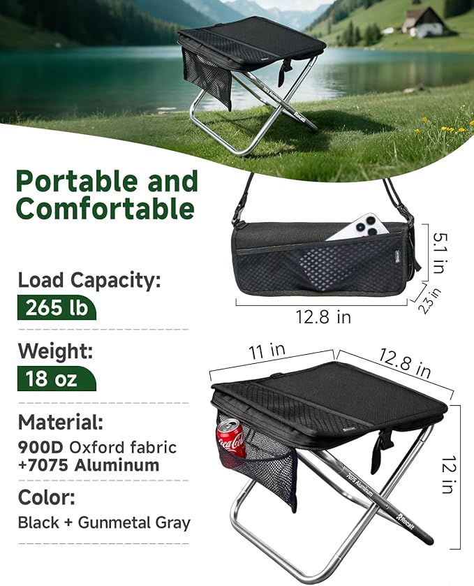 Rocalt Camping Portable Stool, Ultralight Folding Stool, Aircraft-Grade Aluminum Pocket Chairs for Adults, Outdoor Travel Stool, Fishing Chair with Built-in Storage Gag, Handbag Style