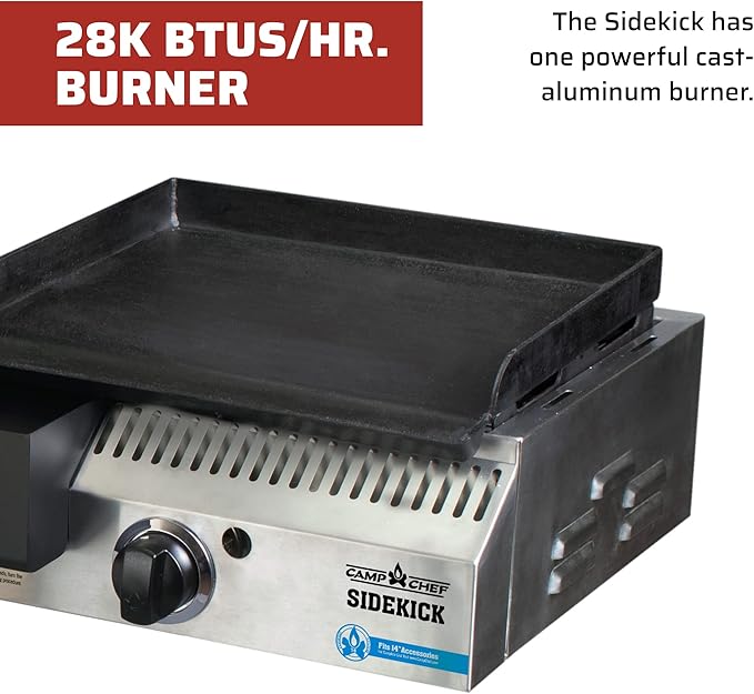 Camp Chef Sidekick Grill Accessory, Flat Top Griddle included, 14" cooking system compatible, Stainless/Black