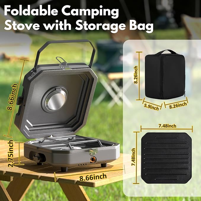 Adjustable 2-Burner Portable Stove with 16000 BTU, Flameout Protection, with Camping Grill and Carrying Bag, Propane Camping Stoves for Camping, Backyard BBQ,Tailgating (Grey)