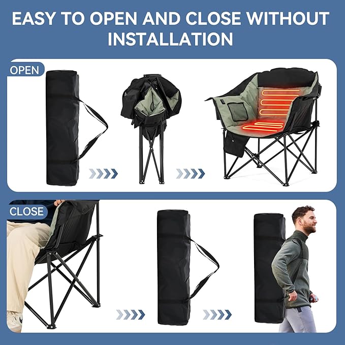 LILYPELLE Oversized Heated Camping Chair, Patio Lounge Chairs with 3 Heat Levels, Portable Folding Heated Chair Round Moon Saucer Folding Lawn Chair Outdoor Chair for Camping, Lounge Patio