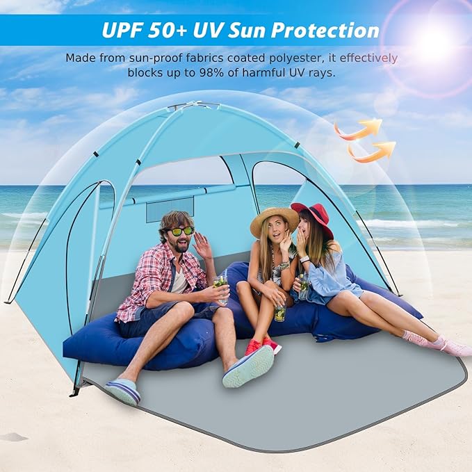 Beach Tent Sun Shelter, Beach Shade Tent with UPF 50+ UV Protection for 2-3 Person, Portable & Easy Setup Cabana, 3 Roll Up Doors & 8mm Fiberglass Rods, Carry Bag Included