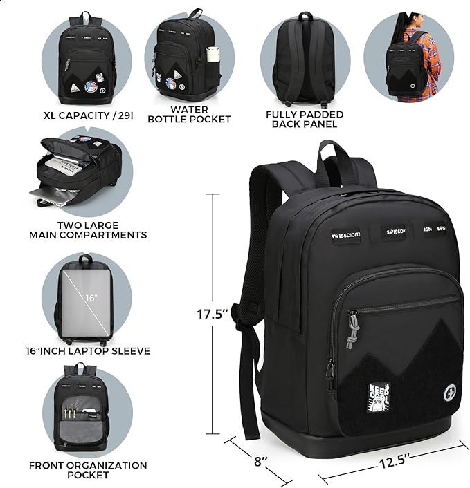 Swissdigital Design Big Student Laptop Backpack with Fun Personalized Patches For College Boy & Girl, Middle High School Teen Bookbag Cool Travel Daypack Black- Includes 3 Patches | SD1718-01