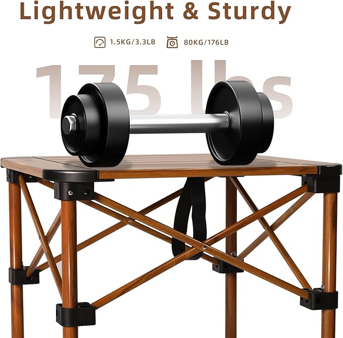 Folding Camping Table, Portable Lightweight Aluminum Camp Table Roll Up Top with Storage Net for Outdoor, Camping, Picnic, Backyards, BBQ(Woodgrain, 15.8 x 15.8 x 15.8in)