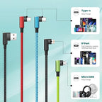 Travel Vacation Essentials Multi Charging Cable, Right Angle 4 in 1 Charging Cable, Long Phone Charger Cords with IP/Type C/Type C/Micro Port, Compatible with Most Cell Phones and More （1Pack 5FT）