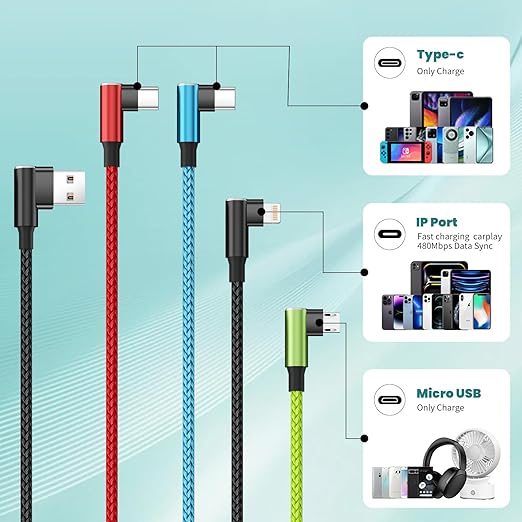 Travel Vacation Essentials Multi Charging Cable, Right Angle 4 in 1 Charging Cable, Long Phone Charger Cords with IP/Type C/Type C/Micro Port, Compatible with Most Cell Phones and More （1Pack 5FT）