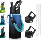 BJPKPK Water Bottle with Straw Lid, 18oz Insulated Water Bottles with 3 Lids, Paracord Handle & Non-slip Boot, Metal Stainless Steel Thermo, BPA Free Leak Proof Tumblers,Blue Black