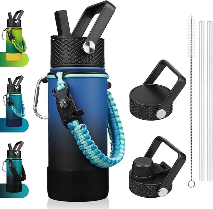 BJPKPK Water Bottle with Straw Lid, 18oz Insulated Water Bottles with 3 Lids, Paracord Handle & Non-slip Boot, Metal Stainless Steel Thermo, BPA Free Leak Proof Tumblers,Blue Black