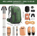 Maelstrom Hiking Backpack,Camping Backpack,40L Waterproof Hiking Daypack with Rain Cover,Lightweight Travel Backpack,Green