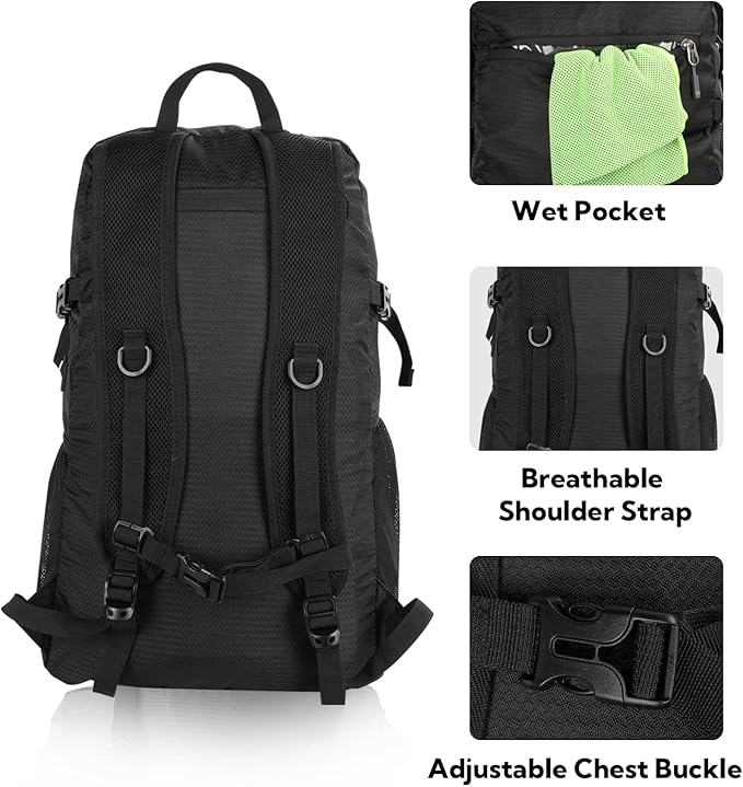 WATERFLY Lightweight Packable Hiking Backpack: 30L Foldable Travel Daypack Ultralight Camping Day Pack for Woman Man
