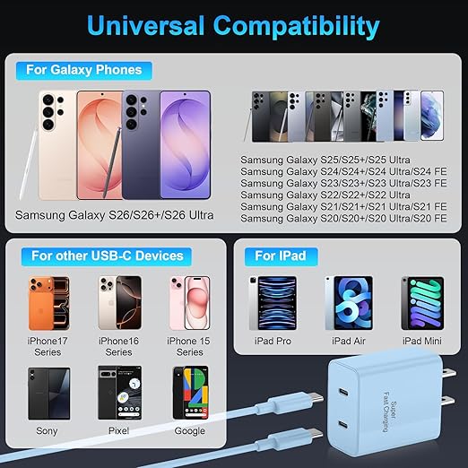 iPhone 17 16 15 Charger Fast Charging, 45W Dual USB C Phone Charger Block with 6FT Long Type C Cable Cord for Apple iPhone 17/Pro/Pro Max/17 Air/16 Pro/16 Pro Max/15 Plus/15 Pro/iPad/S26 Ultra(Blue)