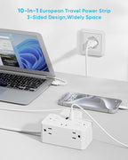 Kakyanill European Travel Plug Adapter, EU/UK/US Travel Adapter Power Strip, 6 AC Outlets, 65W USB C Power Delivery, 3ft Wrapped Around Extension Cord, Compact for Travel