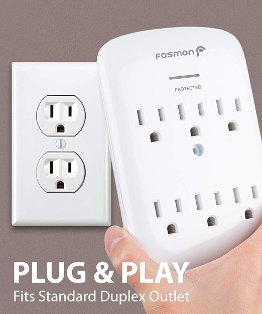 Fosmon 6 Outlet Wall Mount Surge Protector, 3-Prong Surge Suppression 1200 Joules, 15A 125VAC 60Hz 1875Watts Wall Outlet Adapter, Grounded LED, ETL Listed - White