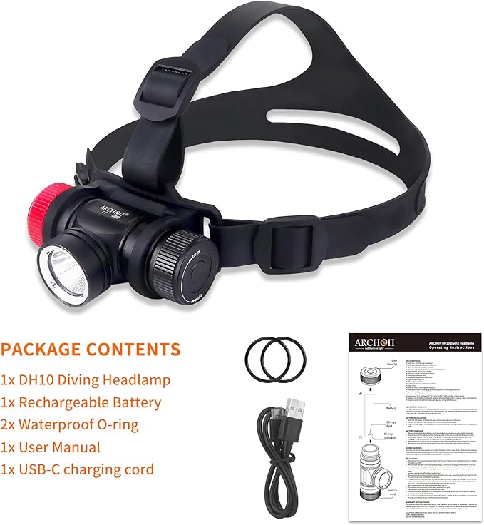ARCHON DH10 Diving Headlamp Underwater Hand-Free Lighting Dive Light, 1200 Lumens Submarine Rechargeable Headlight with Wider Headband and Top Headband