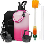 Insulated Water Bottle 87oz,Triple Wall Vacuum Stainless Steel(Dishwasher Safe),Leak Proof & Non-BPA,Flask Jug with Paracord Handle & Straw Spout Lids Sports Sakura