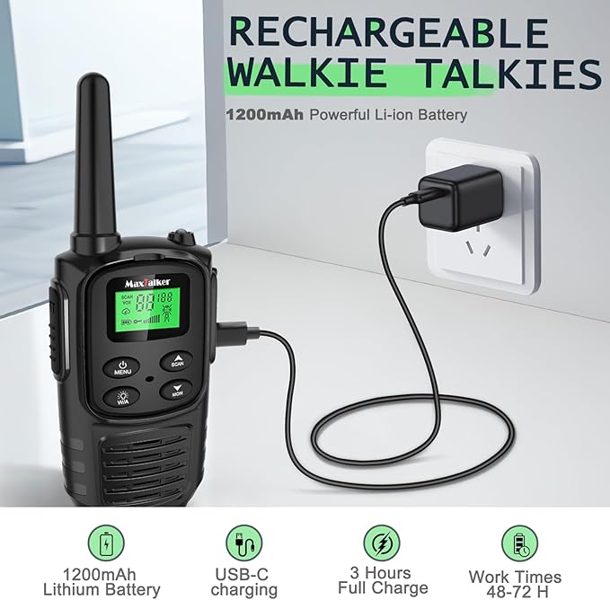Walkie Talkies Long Range for Adult, MT10 Rechargeable Walkie Talkies FRS Two Way Radio, NOAA, 1200mAh Li-ion Battery USB-C Cable, LED Flashlight, VOX Walkie Talkie for Hiking Camping 2Pack