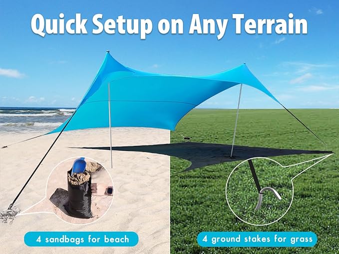 10×10ft UPF50+ Beach Tent Sun Shelter, Windproof Stable Outdoor Pop Up Beach Shade Canopy for Camping, Fishing, Backyard Fun or Picnics, 2 Poles