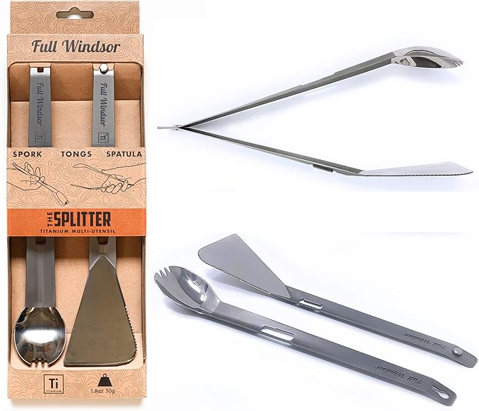 FULL WINDSOR - The Splitter Titanium Multi-Utensil Set – Compact, Lightweight Silver Spork, Tongs, Spatula & Ladle – Durable Cooking Kit for Camping, BBQ, Backpacking, Travel & Outdoor Adventures