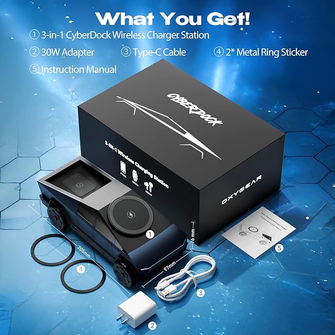 CyberDock 3-in-1 Wireless Charging Station for iPhone with Car Model 1:25 Scale, Qi2 Certified Mag-Safe Charger for iPhone iWatch AirPods, Rotating Charger with Ambient Light, 30W Adapter, Deep Blue