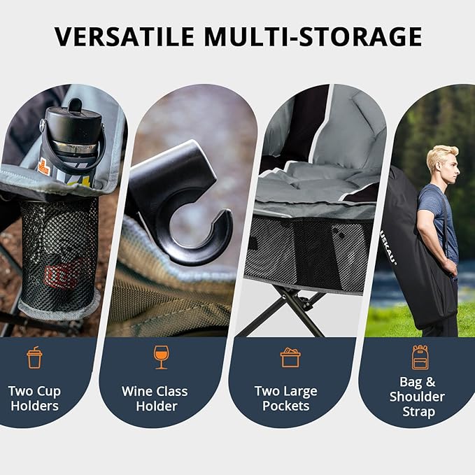 Oversized Camping Chair for Large Adults Heavy Duty 400 lbs Capacity, Comfortable Padded Folding Lawn Chair with Back & Headrest Support and Cup Holder, Portable Outdoor Chair with Carry Bag