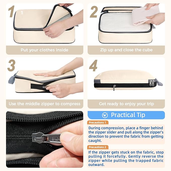 BAGAIL 4 Set/6 Set/8 Set Compression Packing Cubes Travel Accessories Expandable Packing Organizers (Cloth Pattern, 4-Beige)