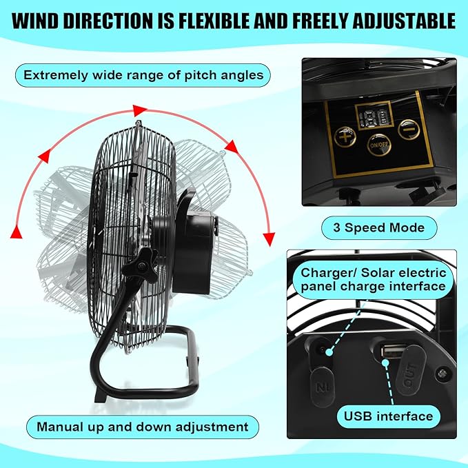 14 Inch Solar Panel Powered Fan, 2 in 1 Solar Panel or AC Charger Powered Fan 12W 9V Portable for Chicken Coop Greenhouse Household Exhaust Camping Travel Outdoor(Black)