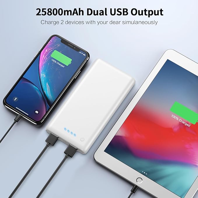 Portable Charger Power Bank 26800mah,Ultra-High Capacity Safer External Cell Phone Battery Pack,2 USB Output High Speed Charging Power bank Compatible with iPhone 16/15/14/13/12 Samsung Android-White