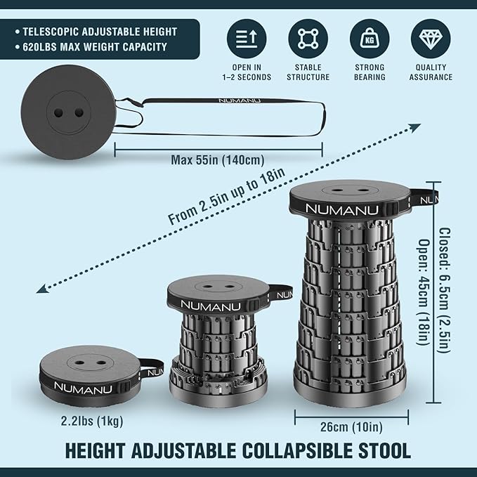 NUMANU 2026 Upgraded Collapsible Stool, Max 620lbs 2.5"-18" H Adjustable Portable Folding Stool for Adults, Retractable Foldable Telescopic Seat Camping Chair or Footrest (1x Hard Seat)
