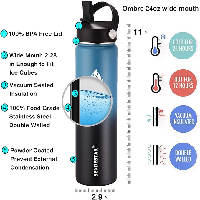 SENDESTAR Insulated Water Bottle 24 oz, Double Wall Vacuum Leak Proof Stainless Steel Sports Water Bottle—Wide Mouth with New Flex Straw Lid & Spout Lid (Deep Blue&Black)