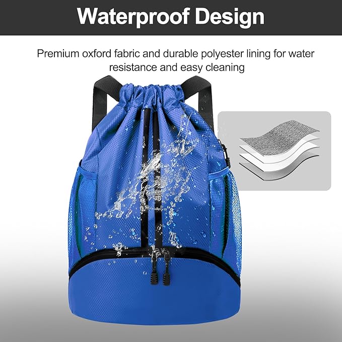 Hoedia Sports Drawstring Backpack - String Swim Gym Bag with Shoes Compartment and Wet Proof Pocket for Women and Men, Blue