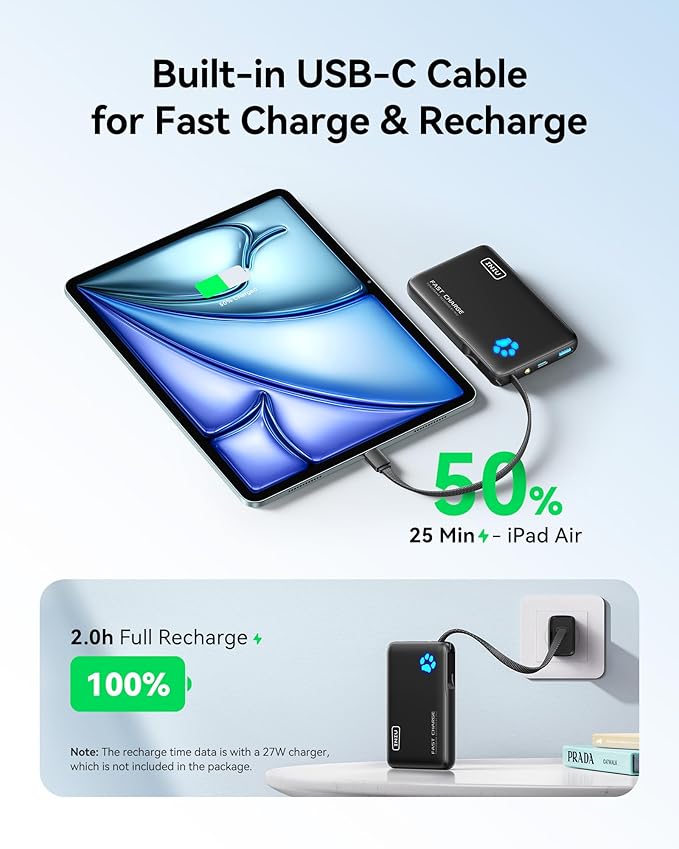INIU 45W Mini Power Bank + 45W Portable Charger with Built-in USB C Cable