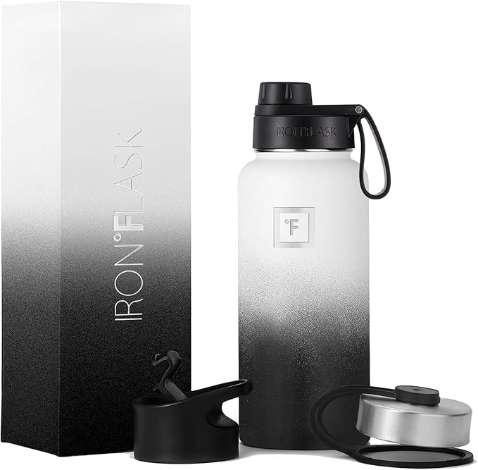 IRON °FLASK Camping & Hiking Hydration Flask with 3 Lids - Stainless Steel, Double Walled & Vacuum Insulated Water Bottle - Leak Proof & BPA Free (Day & Night, Spout - 32 oz)