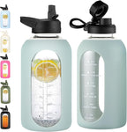 CIVAGO 64 oz Glass Water Bottle Jug with Straw and Handle, Half Gallon Sports Motivational Bottle with Time Marker and 2 Lids, Flask Canteen with Silicone Sleeve for Gym, Sage