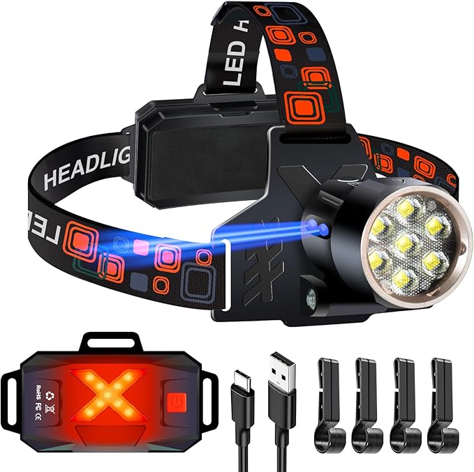 Led Headlamp Rechargeable, Super Bright Headlights for Head, Motion Sensor Head lamp, 3 Modes USB-C IPX7 Waterproof Head Flashlight for Adults, Rechargeable Headlamps for Camping Hiking Hard Hat