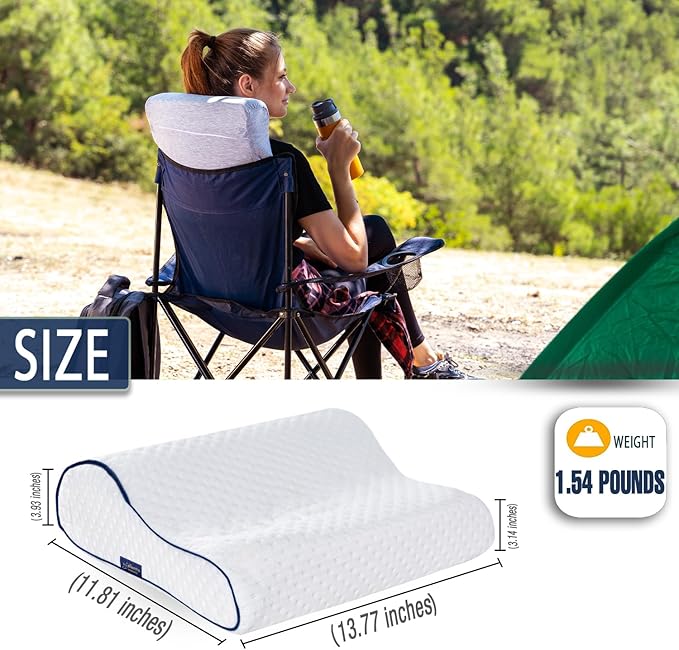 alkamto Travel & Camping Comfortable Memory Foam Pillow – Easy to Carry Portable Bag – Temperature Regulating Pillow Case (White Contour + Extra Cover)