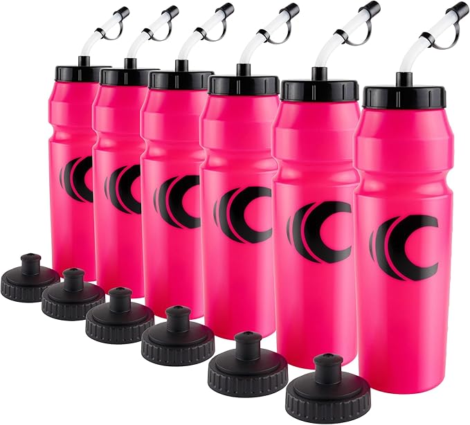 Cannon Sports 1 Liter Sports Water Bottle, BPA-Free, 34 Oz Capacity, Large Mouth, 2 lids (Straw and Squeeze), Great For Helmet Sports Such As Hockey, Lacrosse, Football, Boxing (6 Pack) (Pink)