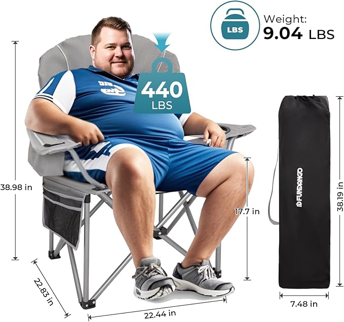 FUNDANGO Folding Camping Chair Heavy Duty, Oversized 440 Lbs Support Outdoor Camp Chairs with Lumbar Support & Cooler Pocket for Fishing Backyard Sports Beach Garden (Grey)